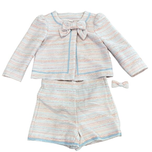 Janie and Jack Boucle Tweed "All Abloom" 2-Piece Jacket & Shorts Set Bow Accent - Picture 2 of 7